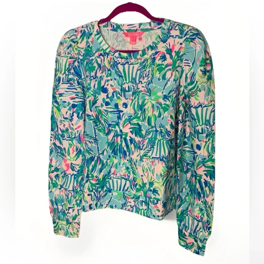 New Lilly Pulitzer Jansen Sweatshirt Blue Ibiza Cabana Cocktail Print Sz M - Picture 2 of 6